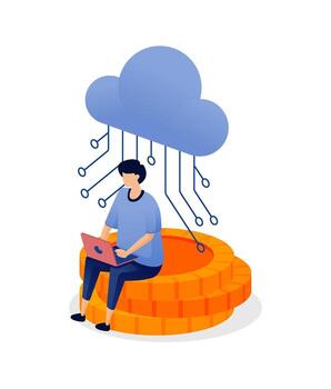 Person using laptop with cloud illustration vector