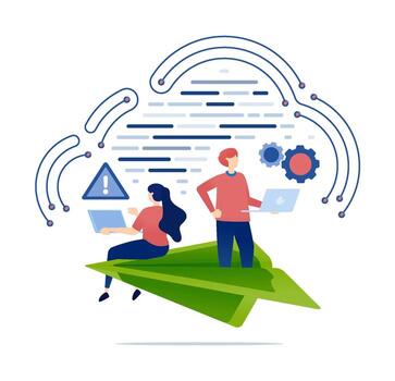 Team working with cloud technology vector