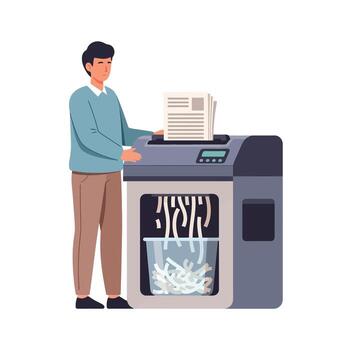 Professional worker shredding documents for security in modern office space vector