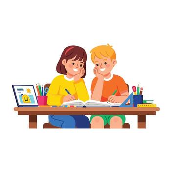 Enthusiastic students studying together at desk with books and laptop vector