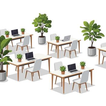 Modern office desks with laptops and plants create a productive workspace vector