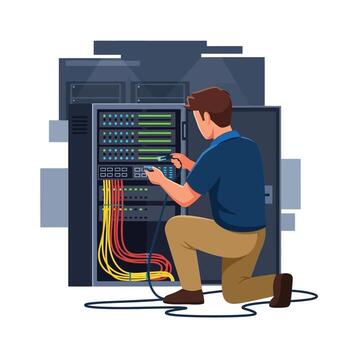 IT technician connecting server cables in data center for optimal network vector