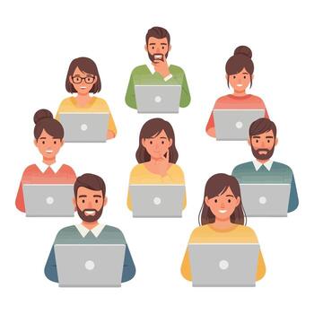 Diverse team collaborating online with laptops for remote work success vector