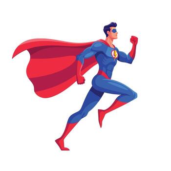 Dynamic superhero soaring in action pose with flowing cape and determination vector