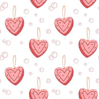 Pattern with pieces of red heart-shaped soap with a loop. Handmade. Flat illustration in seamless texture. Bright. Perfect eco-friendly cosmetics, spa, wellness, packaging design, presentation vector