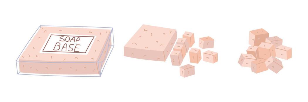 conjunto de rectangular jabón bases en transparente embalaje, cortar dentro piezas, y un montaña de piezas. jabón haciendo, artesanías hacer jabón bases. creativo trabajar. proyectos, Talleres de trabajo, diseño, educación vector