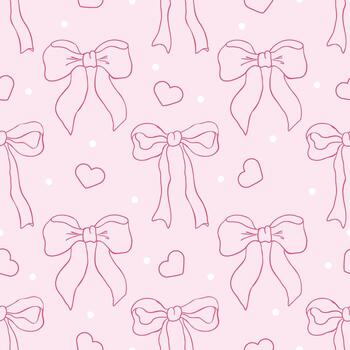 Coquette aesthetic seamless pattern with ribbon bows on a pink background with hearts and dots vector