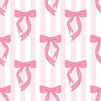 A pattern of charming ribbons and bows in a Coquette style on a white and pink striped background. vector