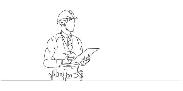 continuo línea Arte dibujo de un ingeniero revisando planos vector