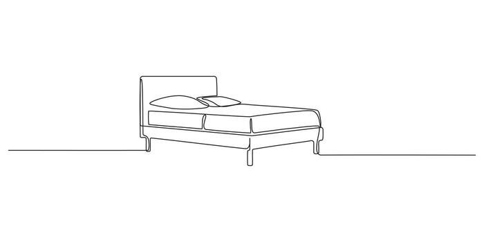 continuo línea dibujo de un moderno cama con cabecera y almohadas, continuas línea dibujo de un minimalista cama vector