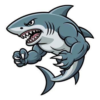Aggressive cartoon shark with sharp teeth and claws lunging forward angry menacing vector