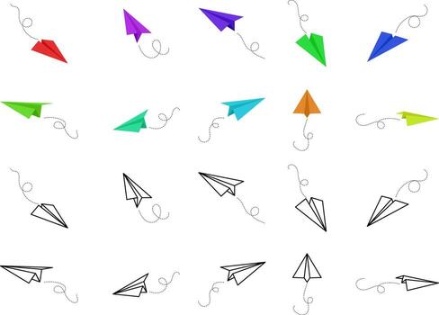 Paper plane and arrow icons set in minimal simple style for mail, travel, and startup concept design vector