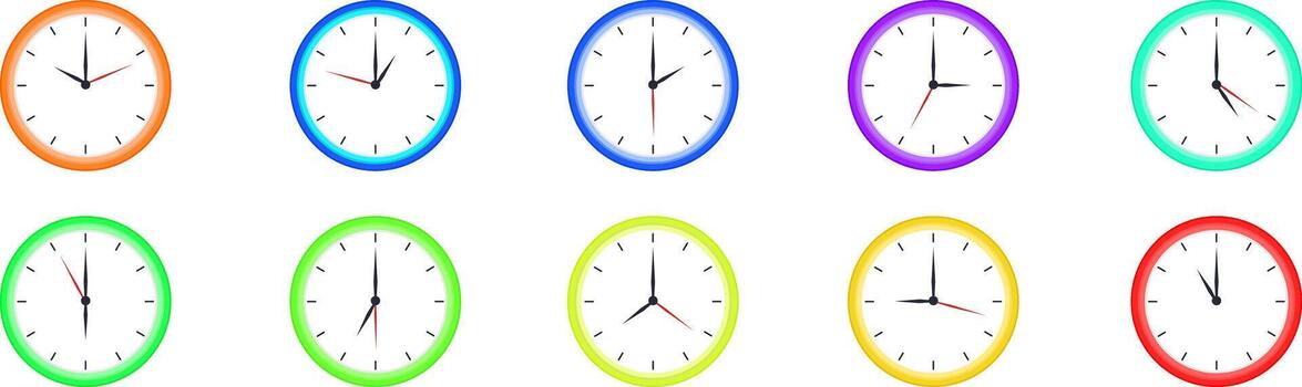 Colorful clock icon set showing time in modern minimal circular design vector