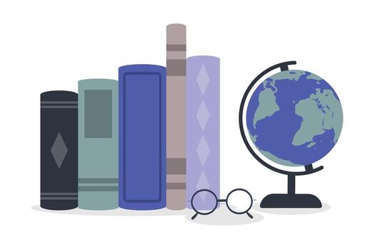 illustration of a set of books and a globe, reading glasses. Reading set with books. vector