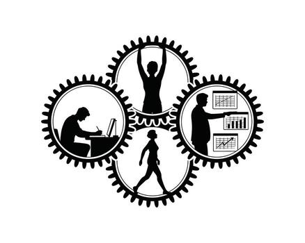 Interconnected gears symbolize teamwork and diverse human activities contributing to a common goal vector