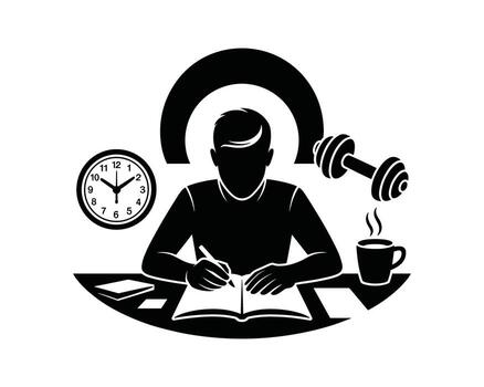 Silhouette of a person studying at a desk with a clock dumbbell and coffee cup symbolizing balance and dedication vector