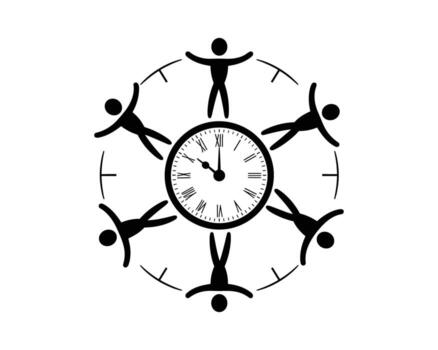 diverso grupo de personas en un circulo alrededor un reloj cara simbolizando unidad y compartido hora vector