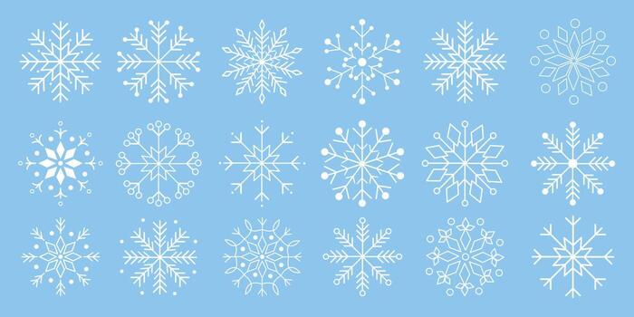 White snowflake elements on blue background. Minimal geometric winter icons for Christmas and New Year cards, wrapping paper, patterns, decorations, and seasonal projects. vector