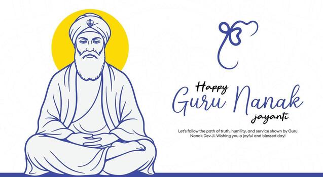 Guru Nanak Jayanti Art on White Background Minimal Black and White Illustration of Guru Nanak Dev Ji with Yellow Halo vector