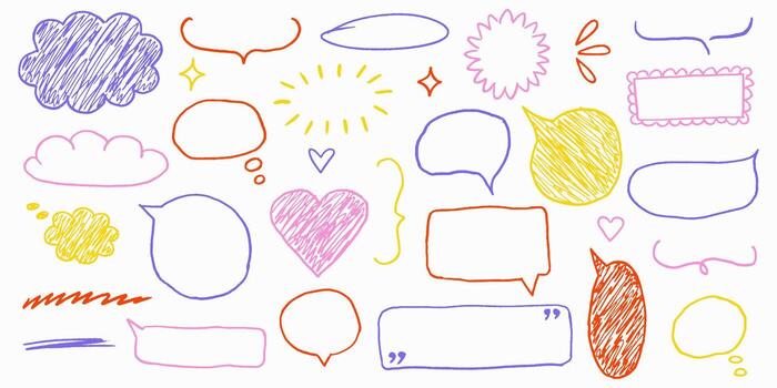 Bright multicolored outlines with fun crayon strokes and silly childlike bubbles, text box chalkboard frames mixed with naive sketchy borders and cute playful elements. vector