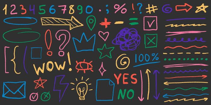 Charcoal graffiti doodle punk shapes with girly curls, rough grainy strokes, messy crowns, wild scribbles and edgy abstract scrawls in bold texture. vector