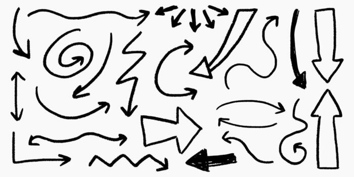 Chalk pencil arrows set. Crayon underlines and swirls, doodle direction pointers in sketch style, grunge texture, scribble. vector
