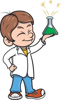Excited young scientist holds glowing green liquid in flask, ready to inspire learning and discovery in a fun, educational context for science and technology projects vector