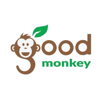 creativo y juguetón bueno mono logo diseño presentando un sonriente mono con un verde hoja elemento vector