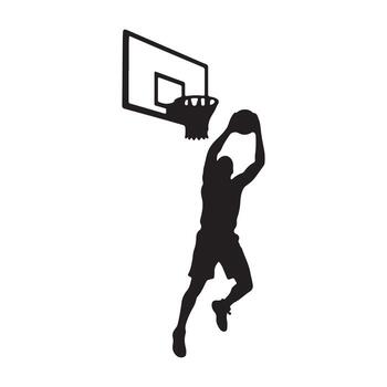 Dynamic silhouette of an athletic basketball player soaring for a powerful slam dunk, capturing intense action and the energy of the game in a compelling graphic sport design vector