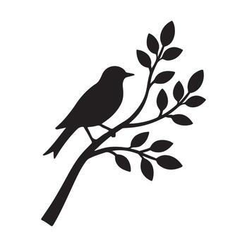 Silhouette of a Bird Perched on a Branch with Leaves, Symbolizing Nature and Serenity vector