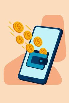 Digital wallet concept with smartphone and golden coins flying out representing online payment or transaction vector