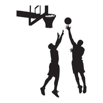 Dynamic silhouette illustration of two basketball players competing, with one player shooting and another attempting a defensive block near the hoop vector