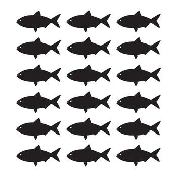 A collection of uniform black fish silhouettes arranged in a structured grid, evoking themes of aquatic life, simplicity, and natural patterns, ideal for minimalist design elements vector