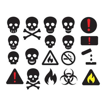 Set of Danger Symbols and Warning Icons representing hazards, toxicity, and biohazards, isolated on a white background for safety communication vector