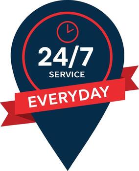 247 service emblem with clock icon and ribbon banner stating everyday, indicating constant availability vector
