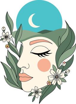 Stylized illustration of a womans profile with closed eyes, surrounded by leaves and flowers, with a crescent moon and mountains in the background vector