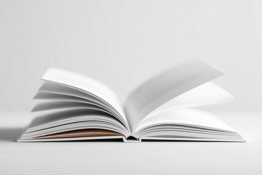 Minimalist photo of an open book with blank white pages on neutral background. Concept of knowledge, creativity, and clean design