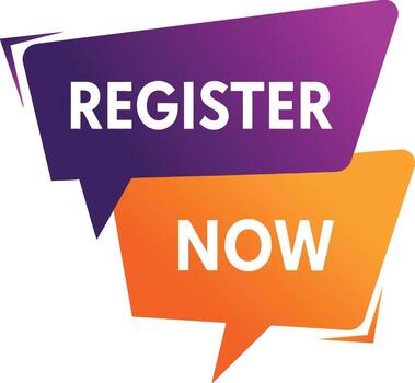 Register now button with purple and orange gradient speech bubbles vector