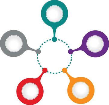 Abstract infographic element with five colorful connected circles and a central empty space vector