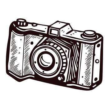 Vintage engraved sketch of classic camera with lens and buttons isolated on white background vector