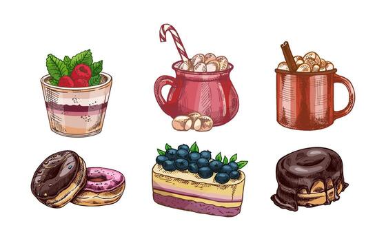 Hand drawn sketch set of waffles, donuts and hot chocolate mugs with marshmallows, color and monochrome version vector