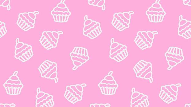 Charming pattern featuring delightful white outline cupcakes scattered across a vibrant pink background, ideal for sweet, playful, and celebratory design projects like party vector