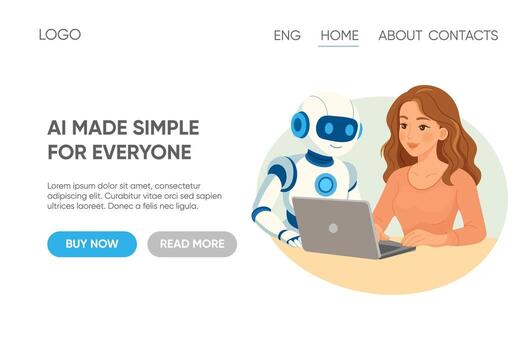 Landing page concept with AI robot helping woman use computer vector