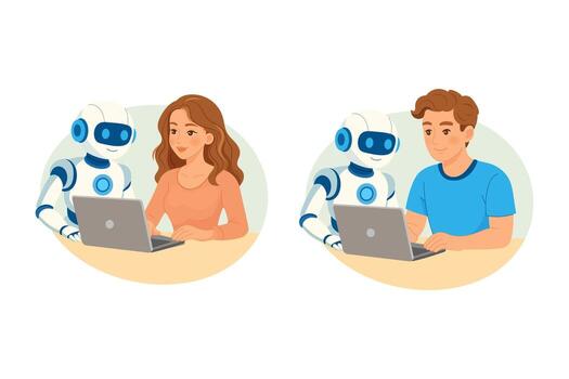 AI robot helping people with laptops, flat teamwork concept vector