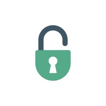A simple green unlocked padlock icon representing open access on a white background vector