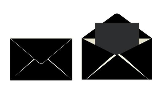 Black envelopes with one open showing invitation card inside on white background minimalist stationery design vector