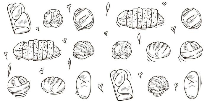 set of bread design in line art hand drawn style with monochrome design isolated on white background. bread background for bakery advertising campaign vector