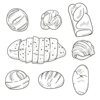 Set of bread illustration in hand drawn design isolated on white background. line art of bread for bakery campaign vector