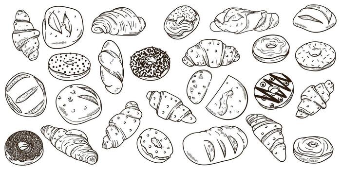 Set collection of bread in line art hand drawn design for bread shop or bakery advertising template. isolated on white background design vector