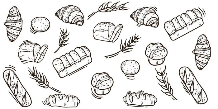 pattern background of Bread in doodle art design. set collection of bread for fast food advertising campaign. isolated bread on white background vector
